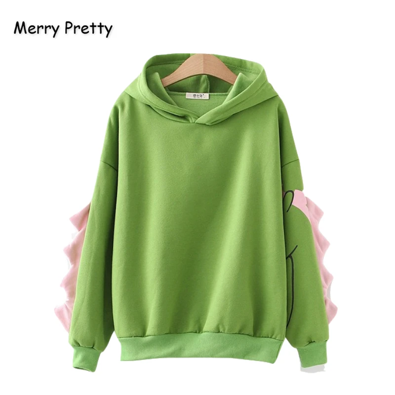 Merry Pretty женские Мультяшные толстовки с динозавром с рогами на рукавах Harajuku флисовые толстовки зимние с капюшоном одноцветные пуловеры