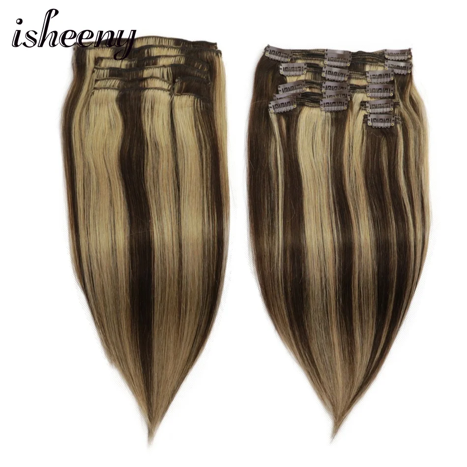 Isheeny, человеческие волосы Remy на заколках для наращивания, рояль, блонд, 4#27#, двойной уток, бразильские волосы на заколках, набор на всю голову