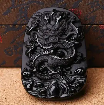 

Natural Obsidian Dragons Dragon Pendant Necklace Carved Frosted Zodiac Animal Statue Lucky Necklace Pendant Gift