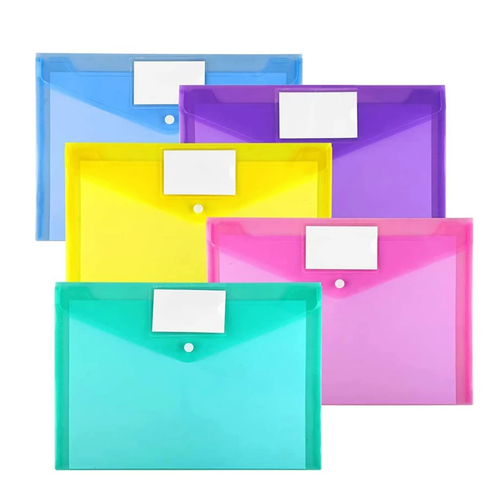 Sobres de plástico de tamaño A4 para documentos carpetas transparentes con bolsillo para etiquetas y broche para la escuela, suministros para el hogar y la Oficina, 5 uds.