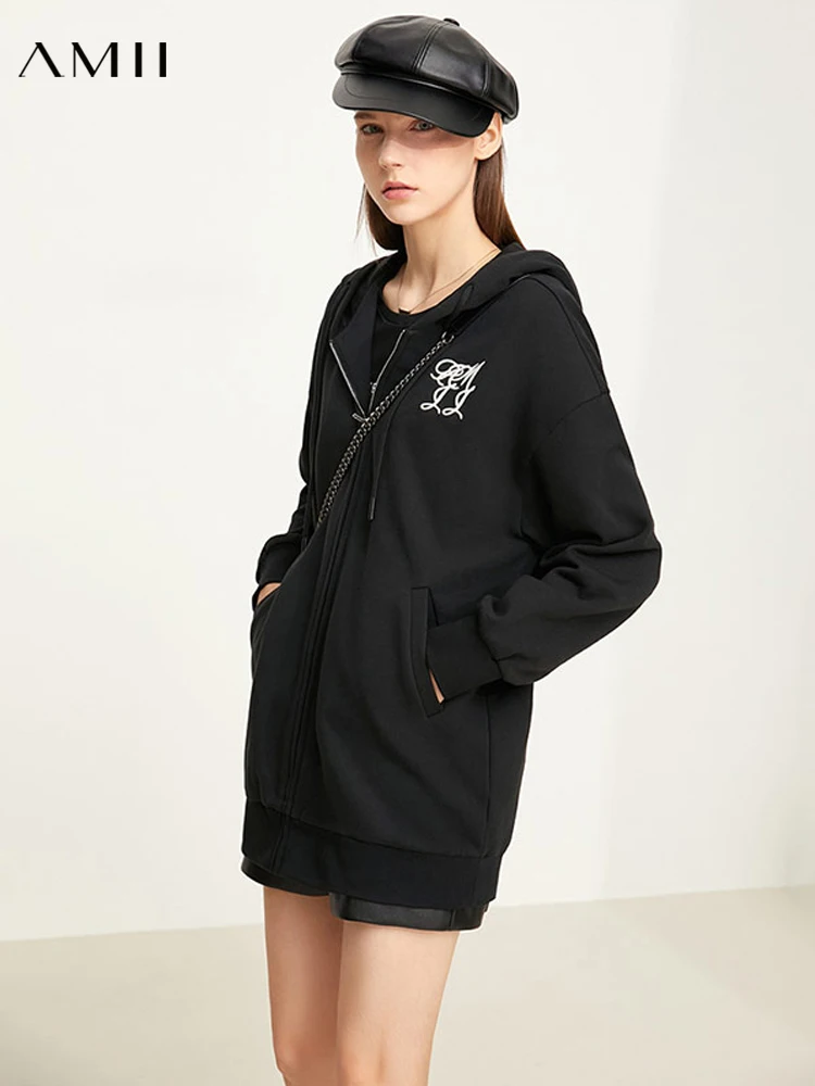Amii Minimalism Winter Jacket For Women Streetwear Embroidery Hooded