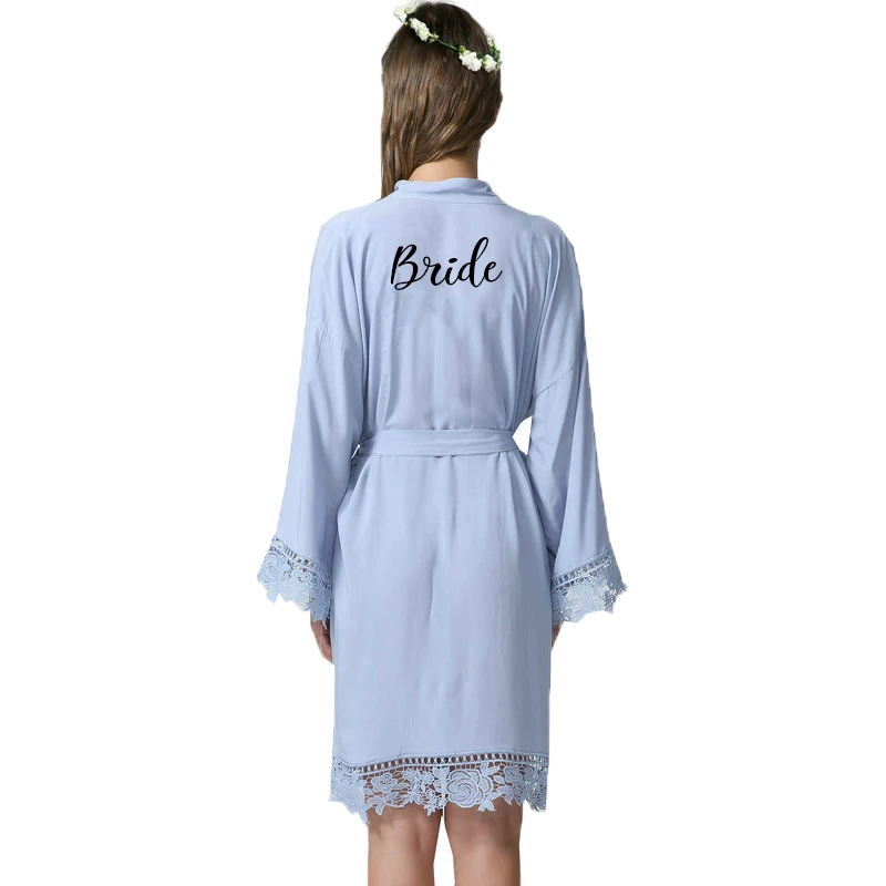 Light Blue bride Owiter хлопковое кимоно халаты с кружевной отделкой женская свадебная Подружка невесты мать сестра короткий пояс Халат - Цвет: Light Blue bride