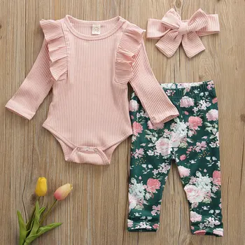 

2019 Baby Spring Autumn Clothing Newborn Infant Baby Girls Long Sleeve Ruffled Romper Floral Leggings Headband Ribbed Outfits