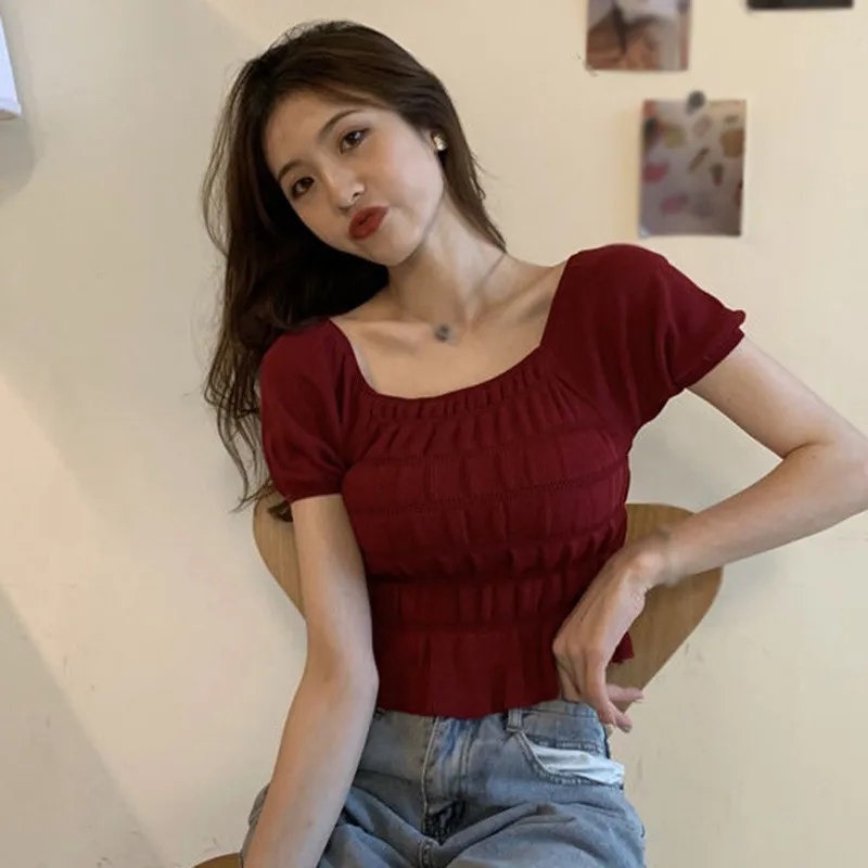 

2020 T-shirt For Women Fashion Women Solid Color Square Collar Tops Female Korean Style Casual Women's Clothing