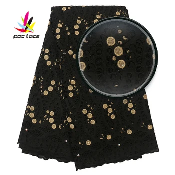 

Latest African Black 100% Cotton Embroidery Swiss Voile Lace Fabric with Stones for Men Women Dress Party