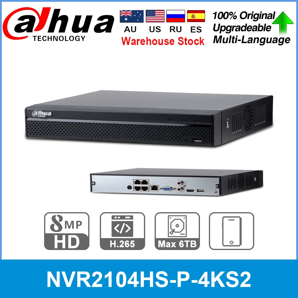 Dahua inglês original NVR2104HS-P-4KS2 4 ch 4poe lite 4k h.265 gravador de vídeo rede nvr 8mp registro para câmera ip sistema de cctv