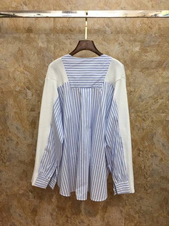 Осенняя ранняя Новинка, женская вязаная рубашка в полоску с v-образным вырезом и двумя карманами, с длинным рукавом, на пуговицах, 1005