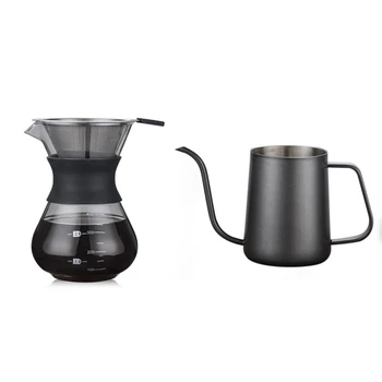 

Thicker Long Mouth Hand Coffee Pot Stainless Steel Coffee Maker & 200ML Pour Over Coffee Maker Filter Dripper Glass Container Co