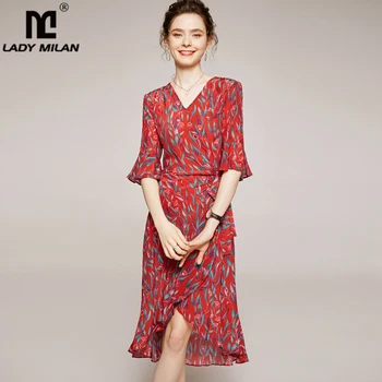 

100% Silk Women's Runway Dresses Sexy V Neck Half Sleeves Ruffles Printed Sash Belt Fashion Asymmtrical Summer Dresses