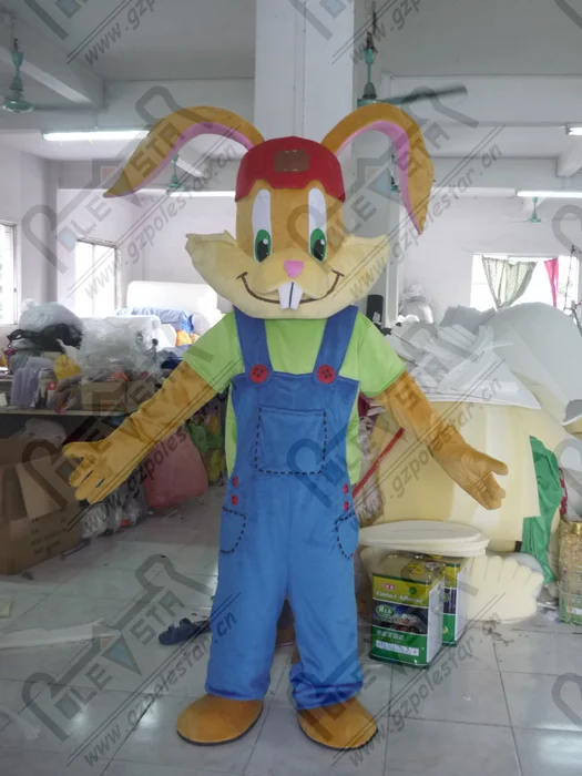 

quality blue overalls bunny mascot costumes cartoon red hat rabbit mascot design