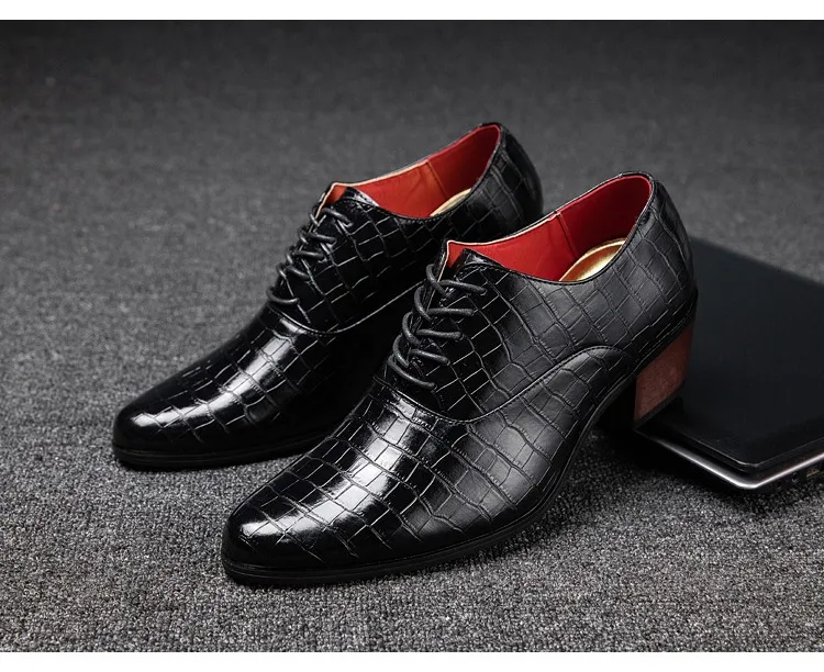 Вечерние мужские туфли в деловом стиле; мужские туфли на высоком каблуке; кожаные туфли на платформе для свадьбы; Мужская модная обувь из крокодиловой кожи; Брендовая обувь