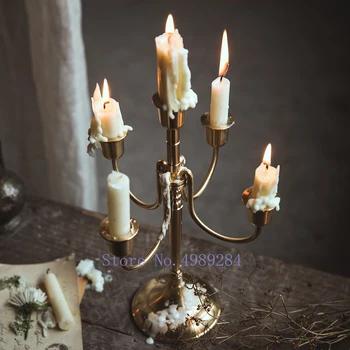 

Retro Handmade European Candlestick Five Candles Brass Crafts Decoration Candlelight Dinner Home Desktop Decoration Wedding