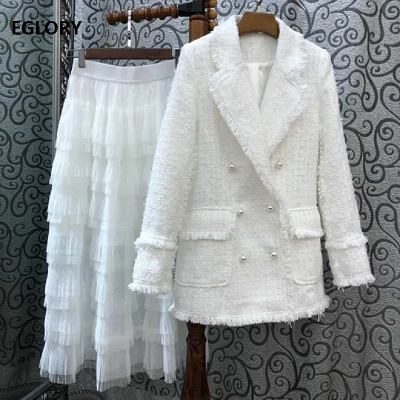 

Top Quality Designer Clothing Sets 2019 Autumn Jacket Suit Women Double Breasted Tassel Wool Coat+Long Maxi Mesh Skirt Set 2 pcs