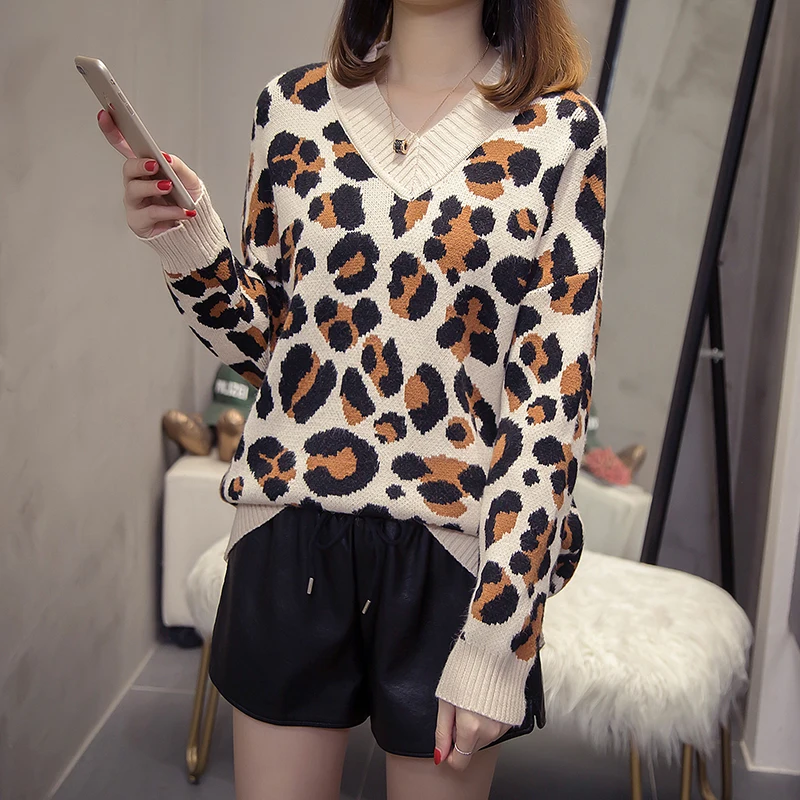 HAMALIEL Plus Size Women Pullovers New Fashion Fall Winter Print Leopard Knitted Long Sleeve Jumpers Casual Loose V Neck Sweater | Женская