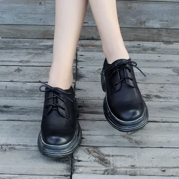 

Retro Women's Shoes Lacing Platform Genuine Leather Casual Women Shoes High Heel Pumps Wedges Round Toe