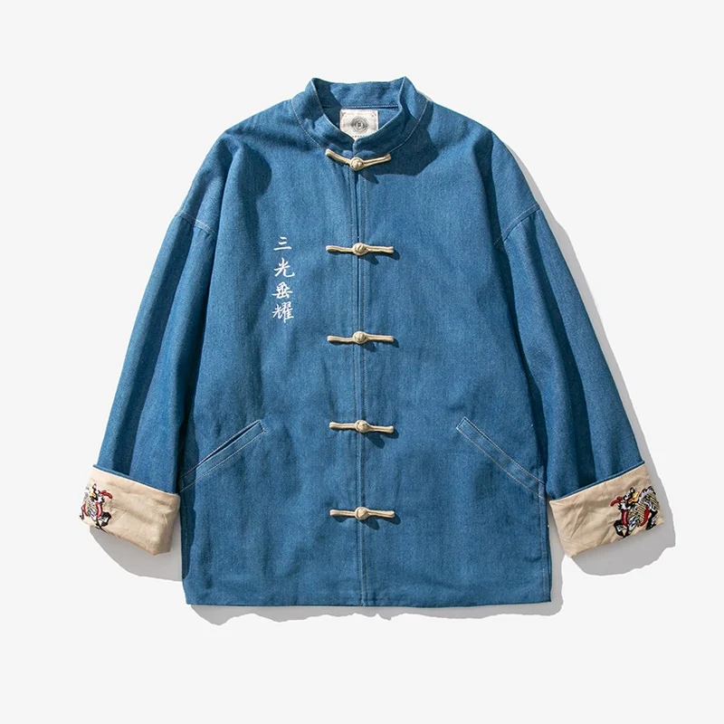 Chinese Style Denim Jacket Kirin Embroidery Fashion Coat Autumn Tang Suit Harajuku Traditional Chinese Clothing For Men 30690