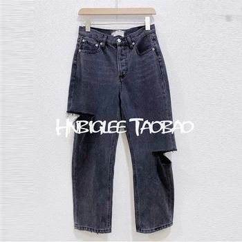 

Summer Leisure Cotton jeans pocket Hole Loose Straight Length Pants