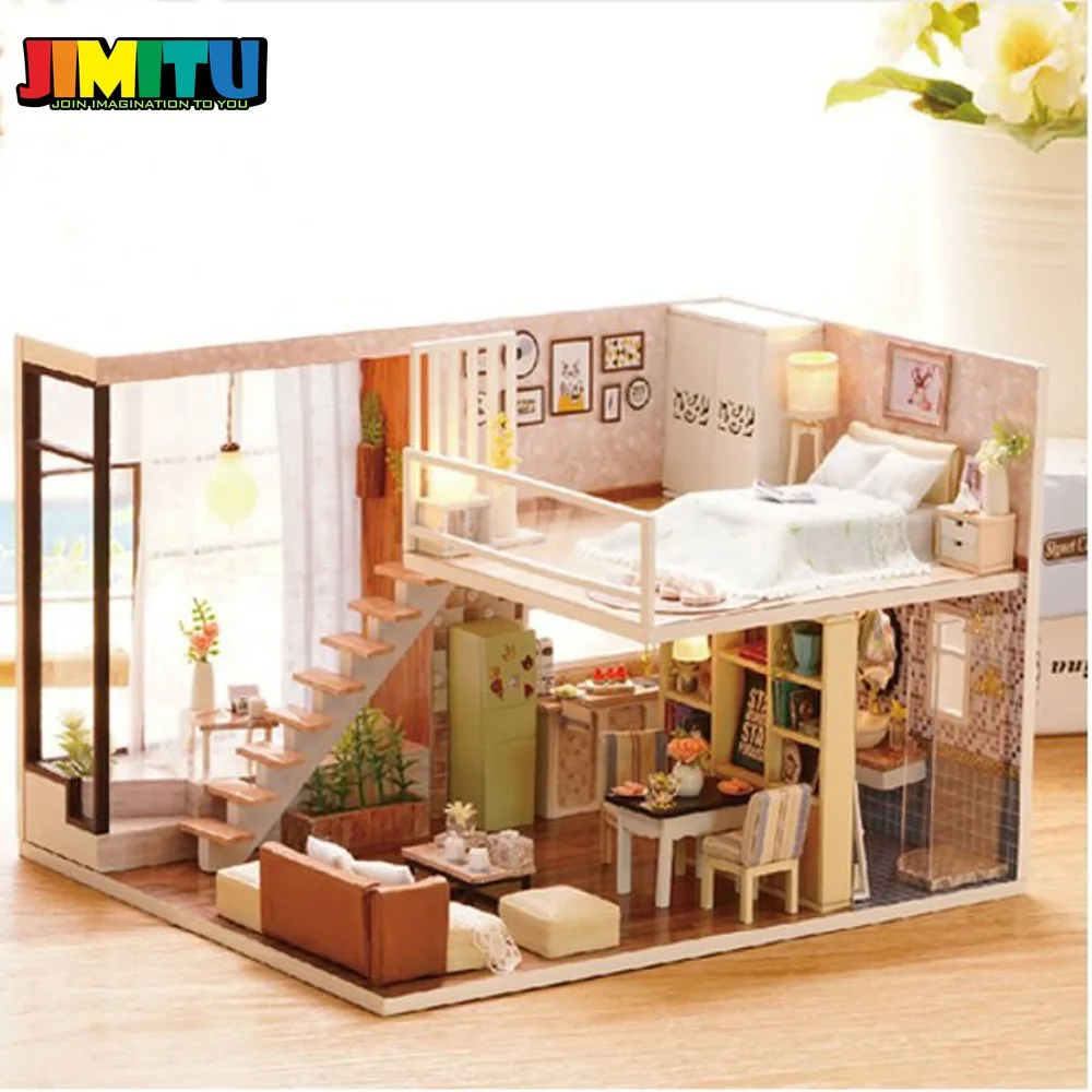 JIMITU Милая комната ожидание времени DIY ручной кукольный домик со световым