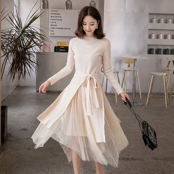 

Dress For Women 2019 Autumn Winter Knitted Dresses Sets Elegant Long Sleeve Maxi Casual Elasitc Swearter Dress AIYANGA