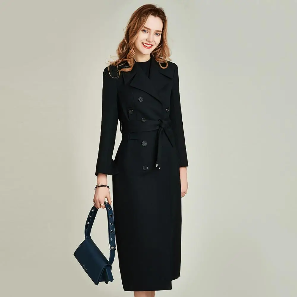 

HAVVA spring and autumn single-breasted midi black trench coat with lace-up female slim nipped waist solid color top W4192