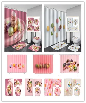 

Pink macaron Print Shower Curtain 4 Piece Carpet Cover Toilet Cover Bath Mat Pad Set Bathroom Curtain with 12 Hooks