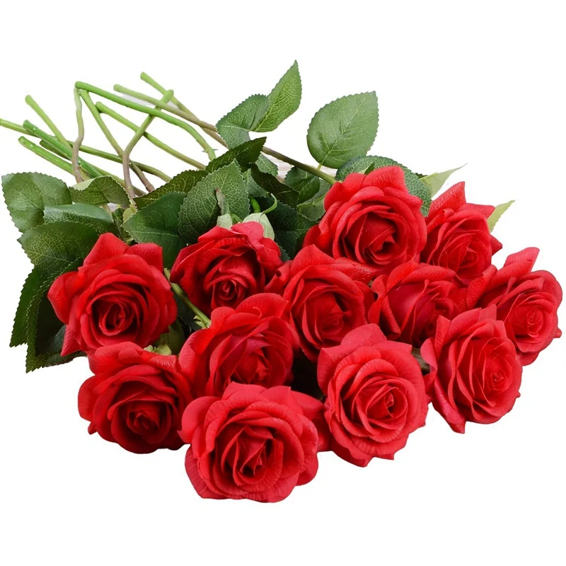 Artificial Flowers Silk Rose Flowers-12 Pcs Red Roses Fake Flowers Real Press Bridal Wedding Bouquet for Home Wedding Decoration