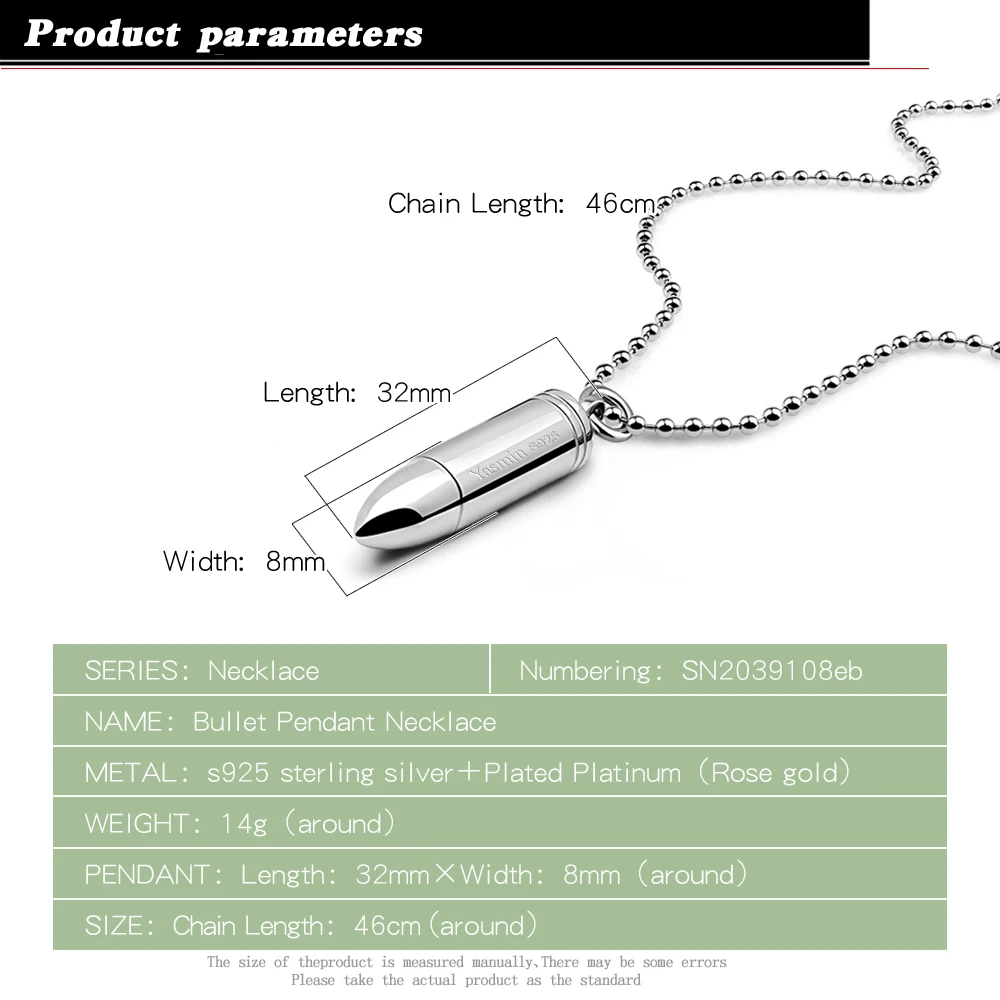 Classic Men's 925 Sterling Silver Necklace Chic Solid Silver Bullet Pendant Bead Chain Chokers Necklaces Fine Jewelry Accessorie