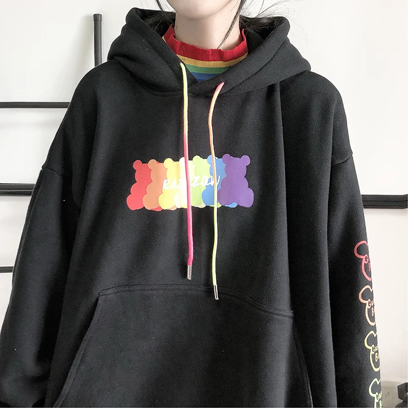Hirsionsan Толстовка с принтом радуги и букв для женщин Kawaii Harajuku Пуловеры утолщенная теплая уличная одежда толстовки Одежда больших размеров