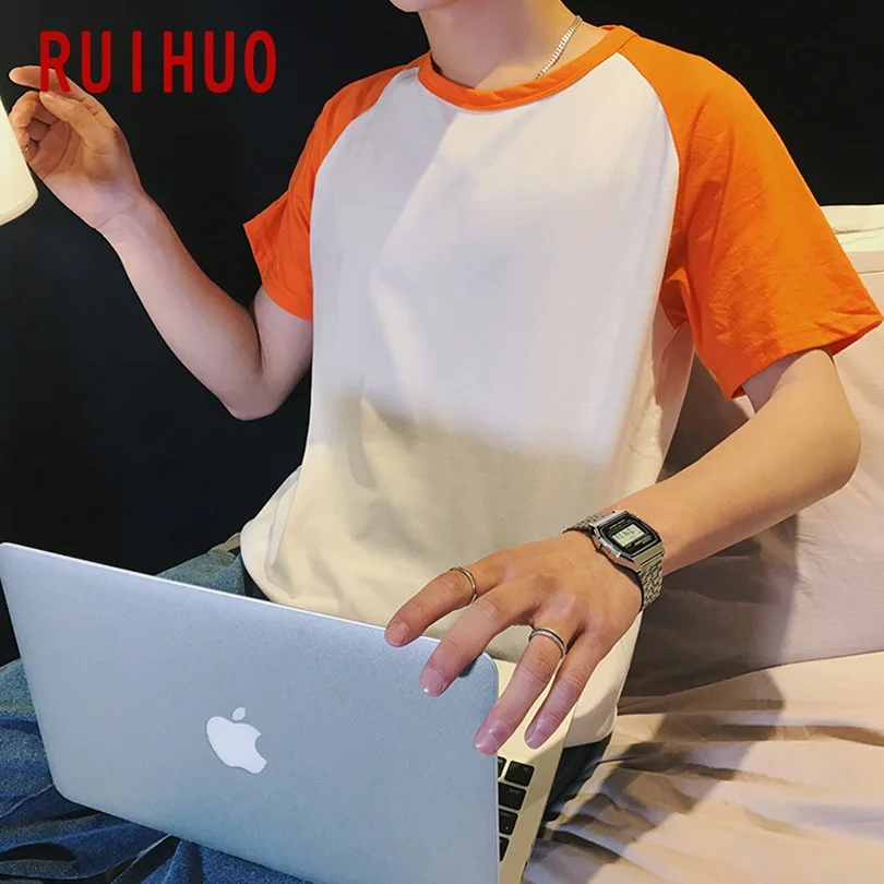 RUIHUO Мужская футболка с коротким рукавом круглым вырезом хлопок повседневные