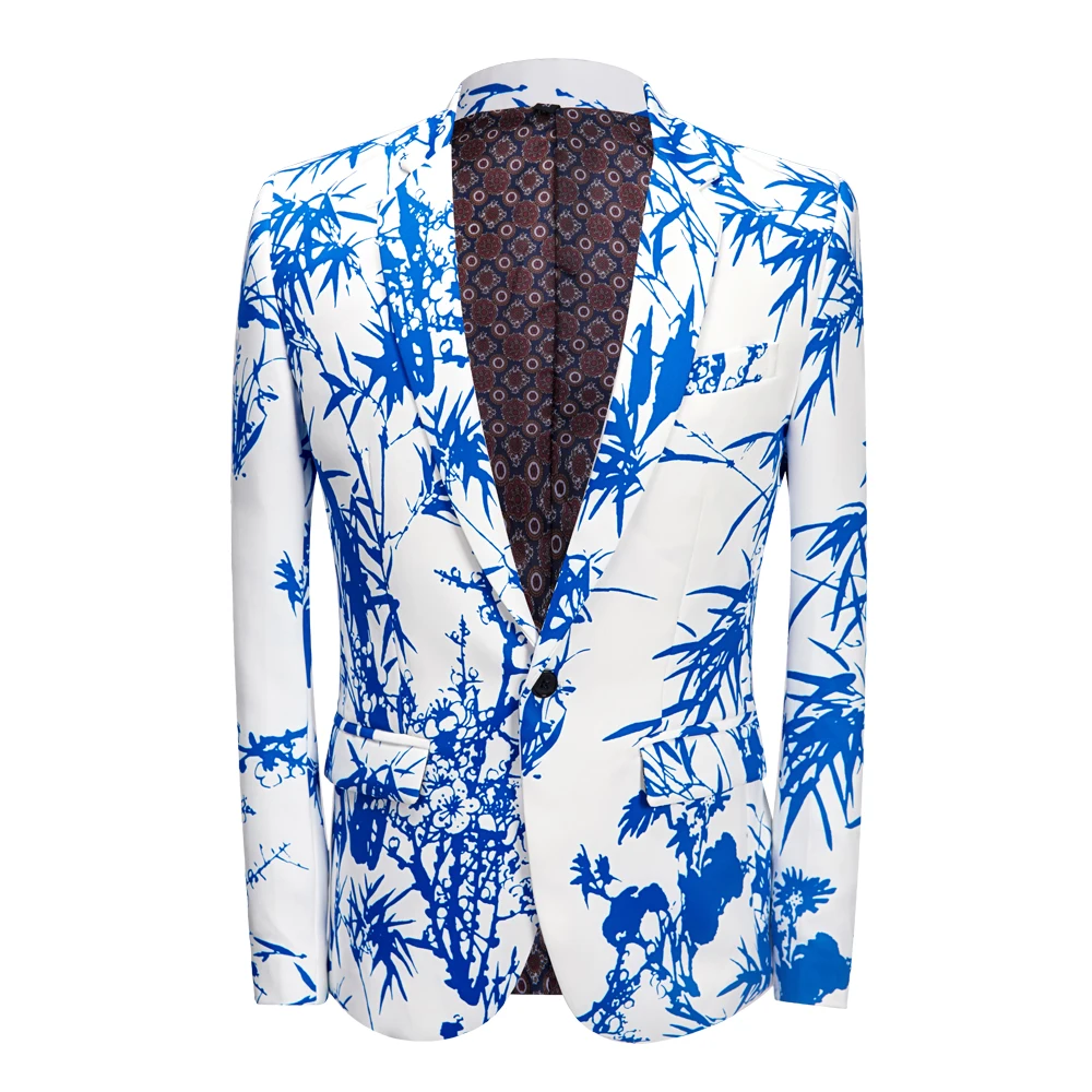 Mens Party Casual Blazer Print Blue Bamboo Pattern Design Slim Fit Men's Clothing Printed Suit Jacket Men's Wedding Dress Coat