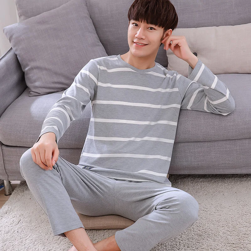 men pajama set Осенне-зимний мужской хлопковый пижамный комплект, полосатая Пижама с буквенным принтом, мультяшная Пижама, Повседневная Пижама для сна и отдыха размера плюс 3XL, Пижама - Цвет: men pajama set