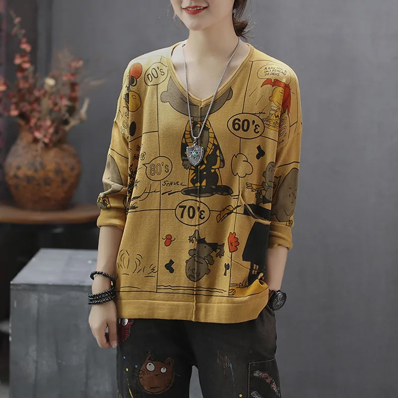 

QPFJQD Women Sweater Shirts Casual Spring Autumn Oversize Knitted Pullovers Loose Long Sleeves Print Cotton Sweaters Top O Neck