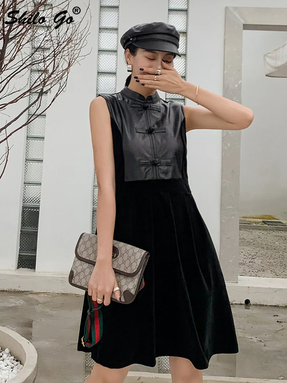 Genuine Leather Dress Elegant Mock Neck Botton Front Sleeveless Sheepskin Fit and Flare Dress Women Autumn Winter Solid Dresses