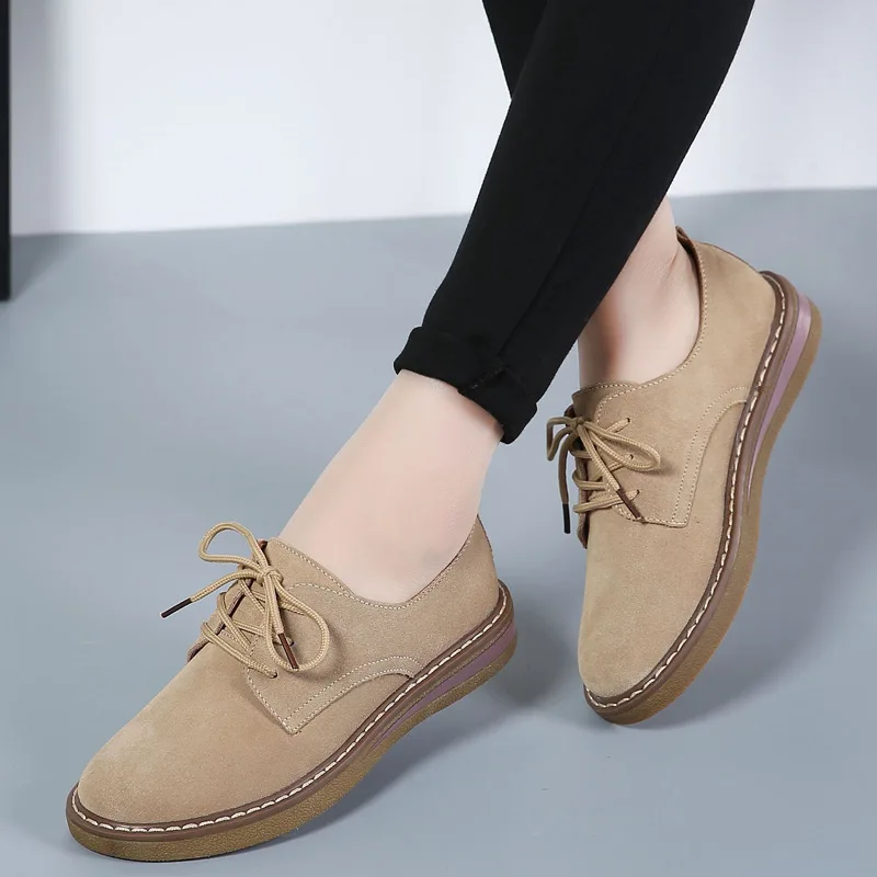 

British Oxford Flats Shoes Woman Suede Leather Lace Up Boat Platform Round Toe Flats Moccasins zapatillas mujer M23