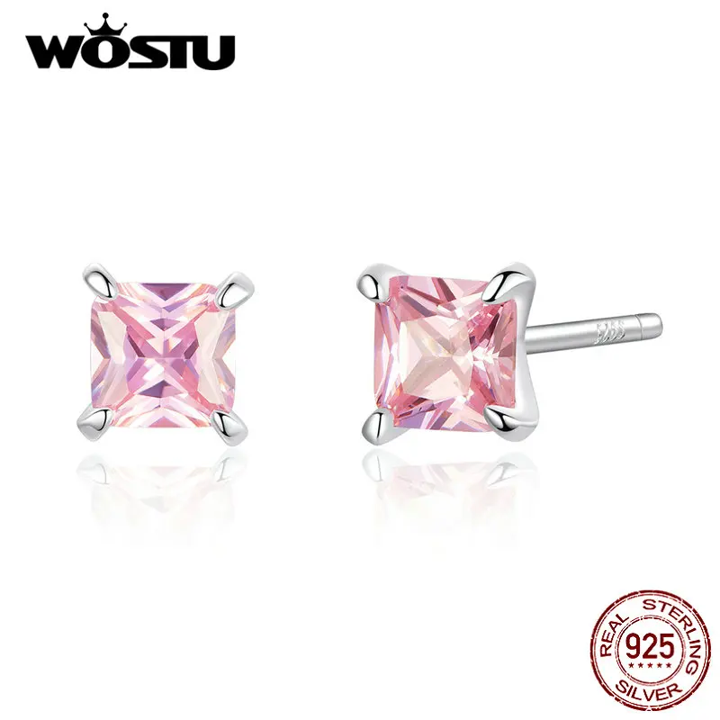 WOSTU, подлинные 925 пробы, серебряные, Розовые Квадратные циркониевые серьги-гвоздики для женщин, свадебные маленькие серьги, ювелирные изделия для помолвки FIE660