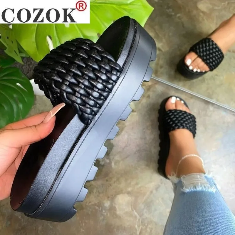 2021 Summer Fashion New Women Sandals Solid Color Open Toe Woven Flat Outdoor Beach Women's Plus Size 43 | Обувь