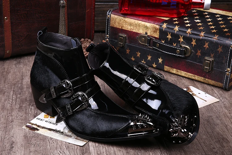 Christia Bella British Style Male Buckle Real Leather Party Short Boots Motorcycle Men's Rivet Pointed Toe Black Heighten Boots