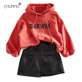 

Girls Set New Autumn Kids Princess Costume Long Sleeve Fashion Girls Clothing Hooded Sweater Irregular Leather Skirt Outfit Suit