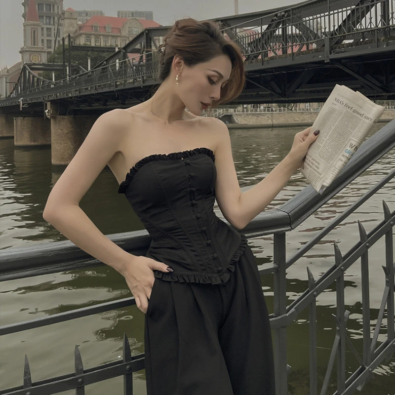 Le Palais Crop Tops negros originales para mujer, Tops elegantes sin con Espalda descubierta, camiseta ajustada sin mangas con volantes 2021| Camisetas mangas| - AliExpress