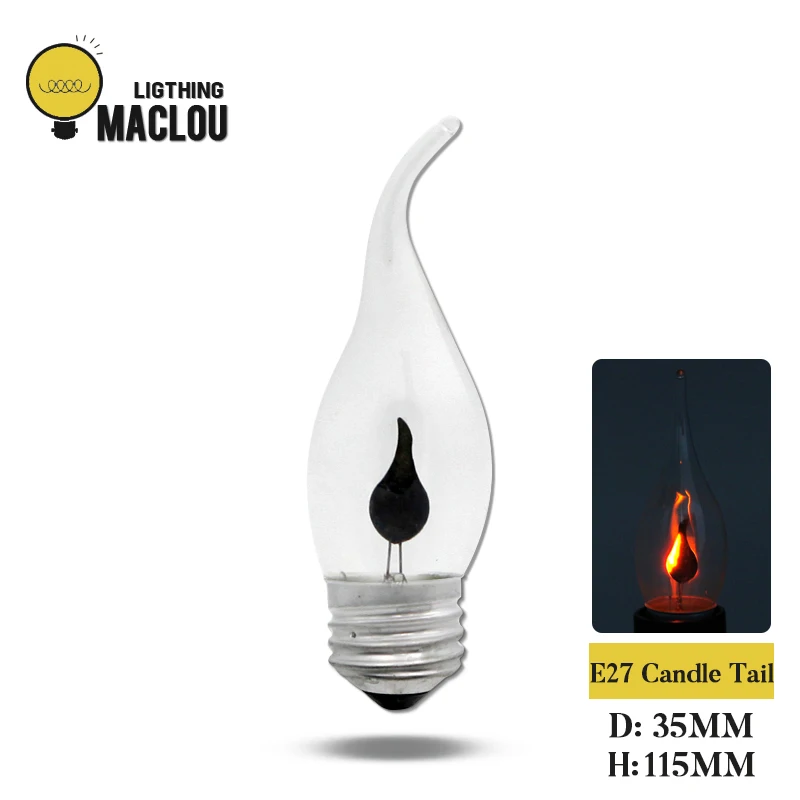 5 шт. E14 E27 Светодиодный светильник Эдисона, 3 Вт, 220 В, светильник в форме свечи, винтажный светильник с эффектом мерцания, лампа в стиле ретро - Испускаемый цвет: E27 Candle Tail