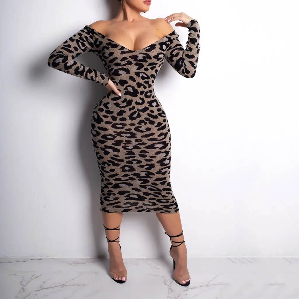 Fashion Women Casual Long Sleeve Neck Leopard Print Long Party Dress Leopard Print long Sleeve Dress vestidos verao