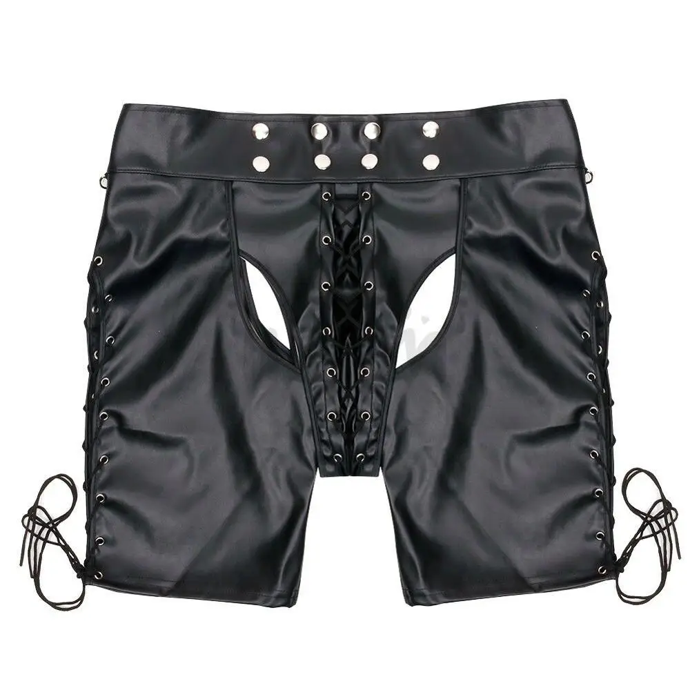 Men Black Faux Leather Open Butt Boxer Shorts Bulge Pouch Side Lace Up Muscle Underwear Fetish Hot Pants Clubwear