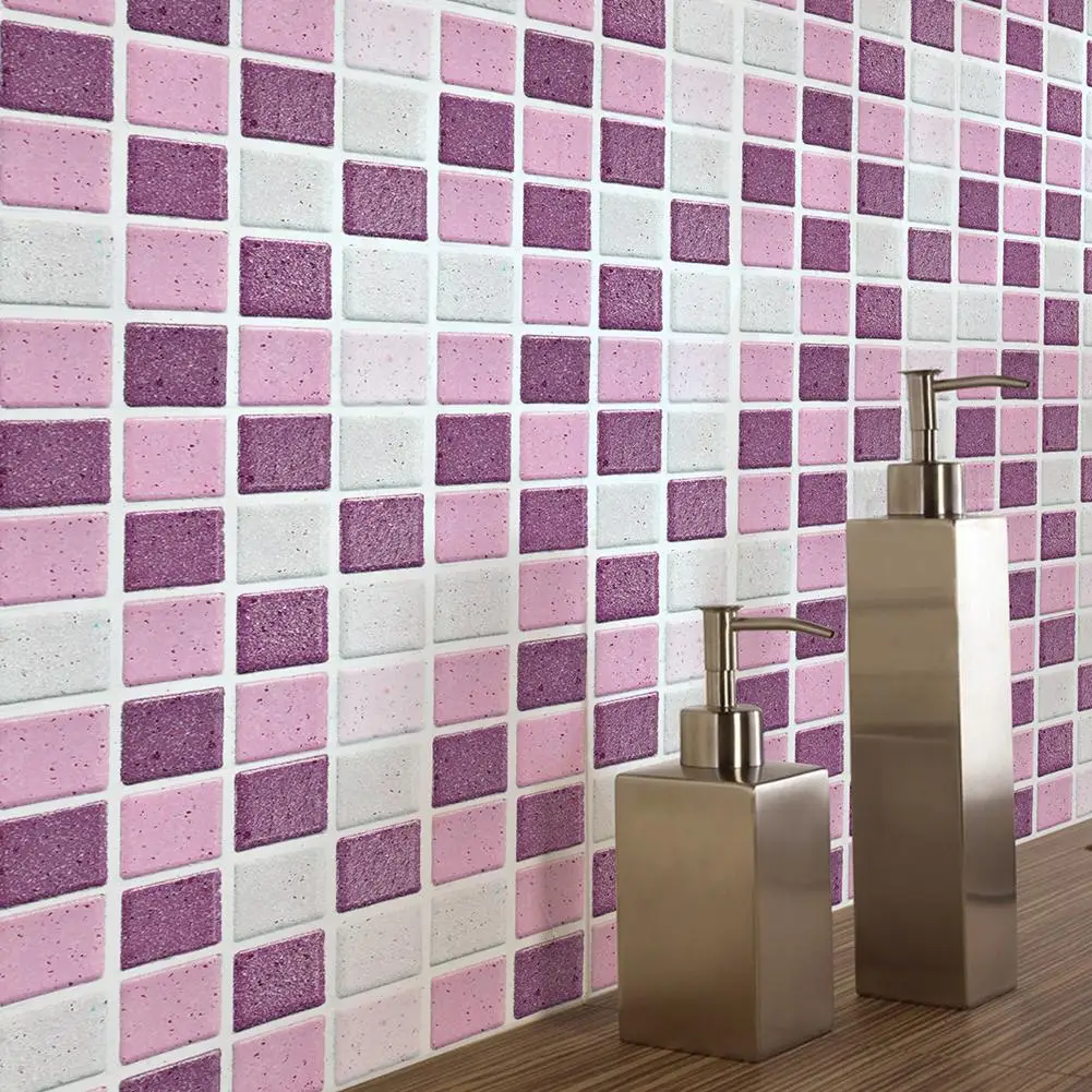 18Pcs Anti oil Pink Mosaic Self Adhesive Tile Wall Sticker for Kitchen Bathroom DecorWall