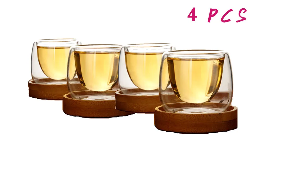 Bodum двойные стенки стеклянные чайные чашки с бамбуком набор блюдец чашка Термостойкое стекло Votive чашка 80 мл - Цвет: 4 Cups With Tray