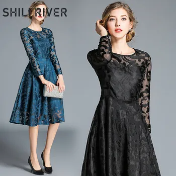 

2020 new spring autumn runway designer party dress for women long sleeve slim casual lace elegant pleated dresses blue black red