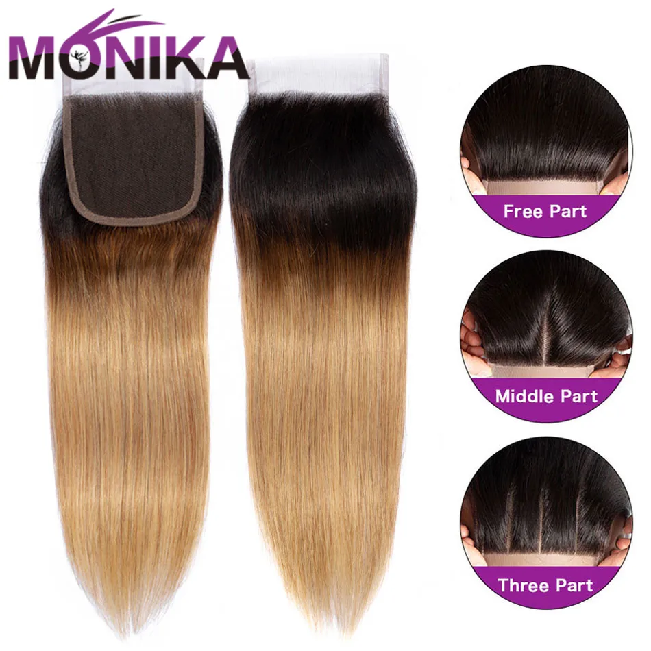 Monika закрытие волос Ombre Цветные T1B #4 #27 #30 Кружева Закрытие 4X4 бразильские прямые