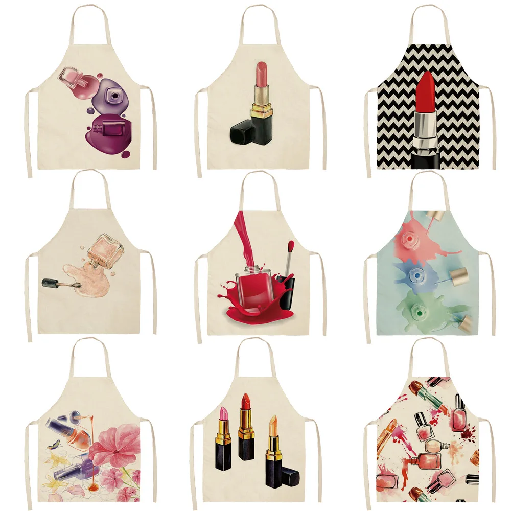

High Quality Lipstick Perfume Series Apron Fabric linen printed bodice overalls apron Home Cooking Baking Bibs Cleaning Tools