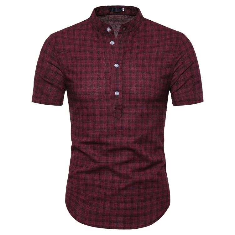 Wine red Shirts Летние Стильные мужские рубашки с коротким рукавом, модный клетчатый пуловер со стоячим воротником, повседневные рубашки размера плюс, топы в полоску для мужчин, уличная одежда - Цвет: Wine red Shirts