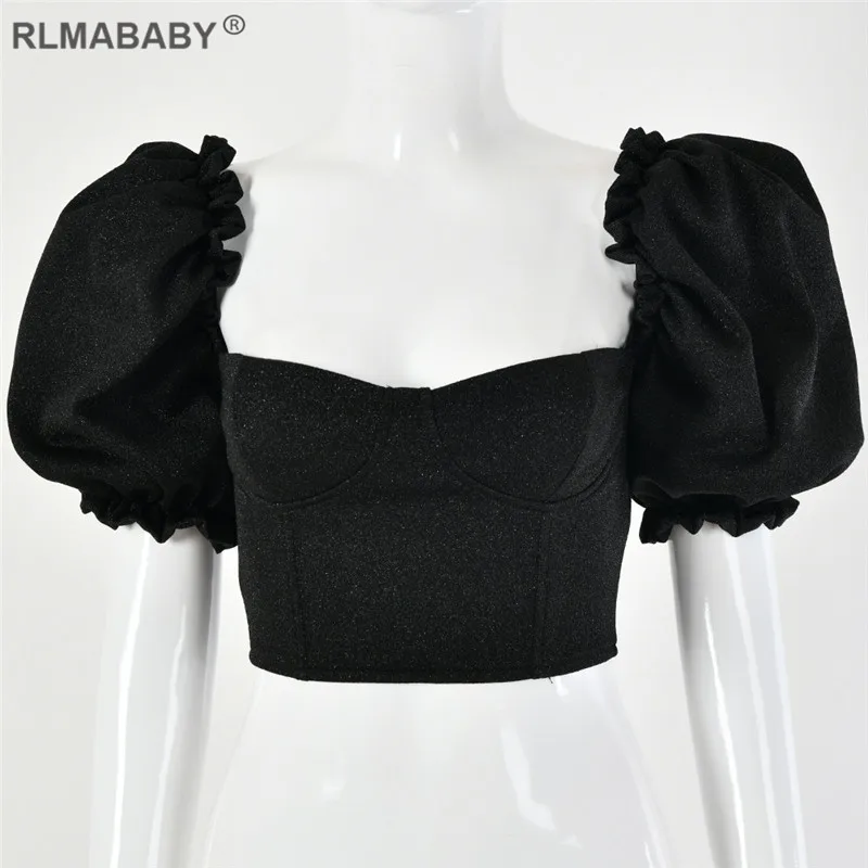 Black Top RLMABABY, новинка, квадратный воротник, рукав-фонарик, сексуальный укороченный топ, блестящие оборки, короткий рукав, базовая Женская майка, топ, повседневные Черные женские топы - Цвет: Black Top