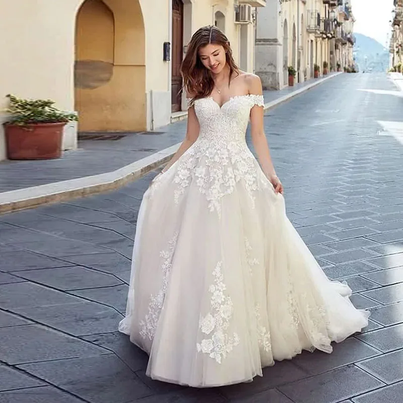 

Eightale Off the Shoulder Wedding Dress Appliques Lace A-Line Custom Made Boho Wedding Gowns Tulle Sweep Train Bride Dresses
